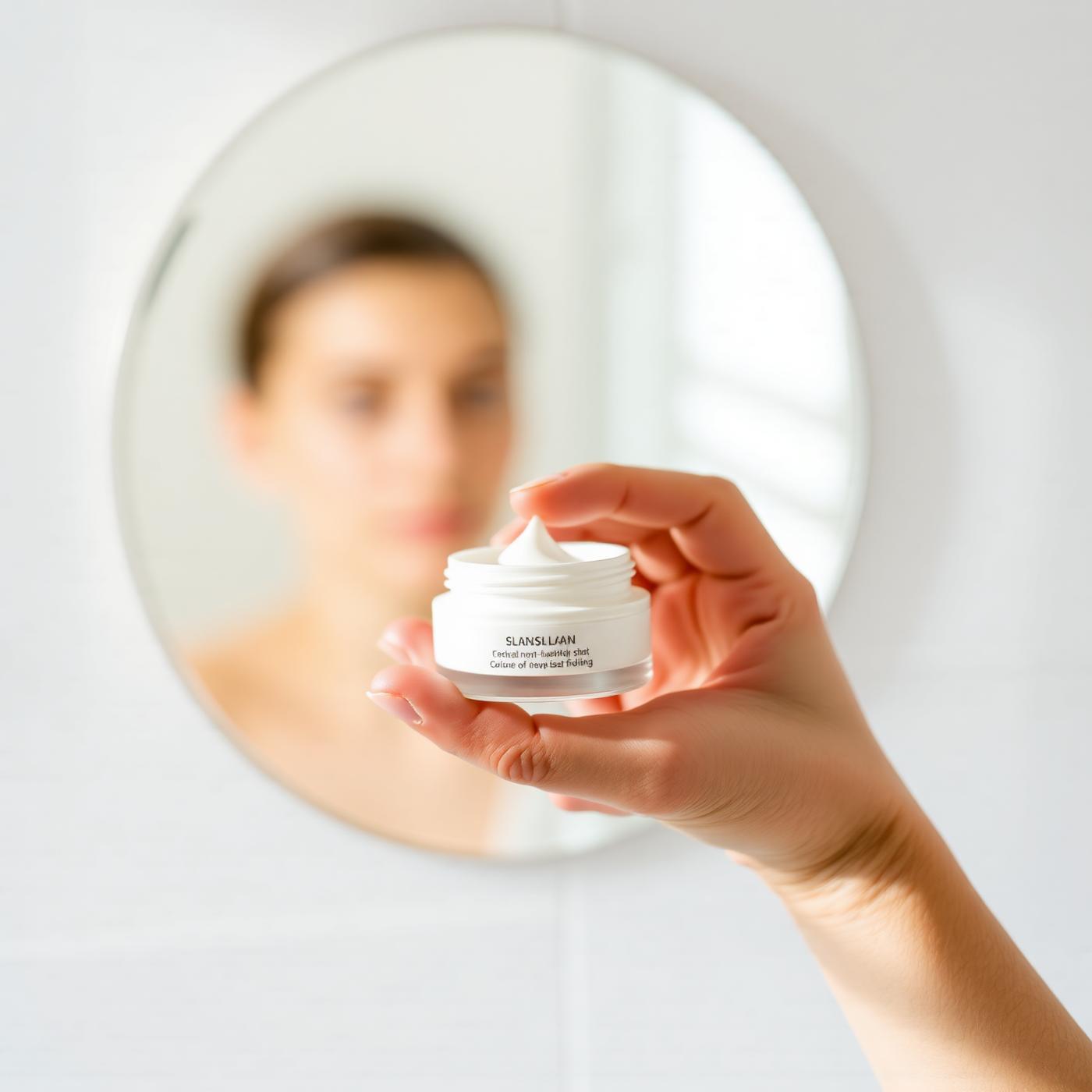 Mujer sosteniendo el bálsamo facial frente al espejo del baño