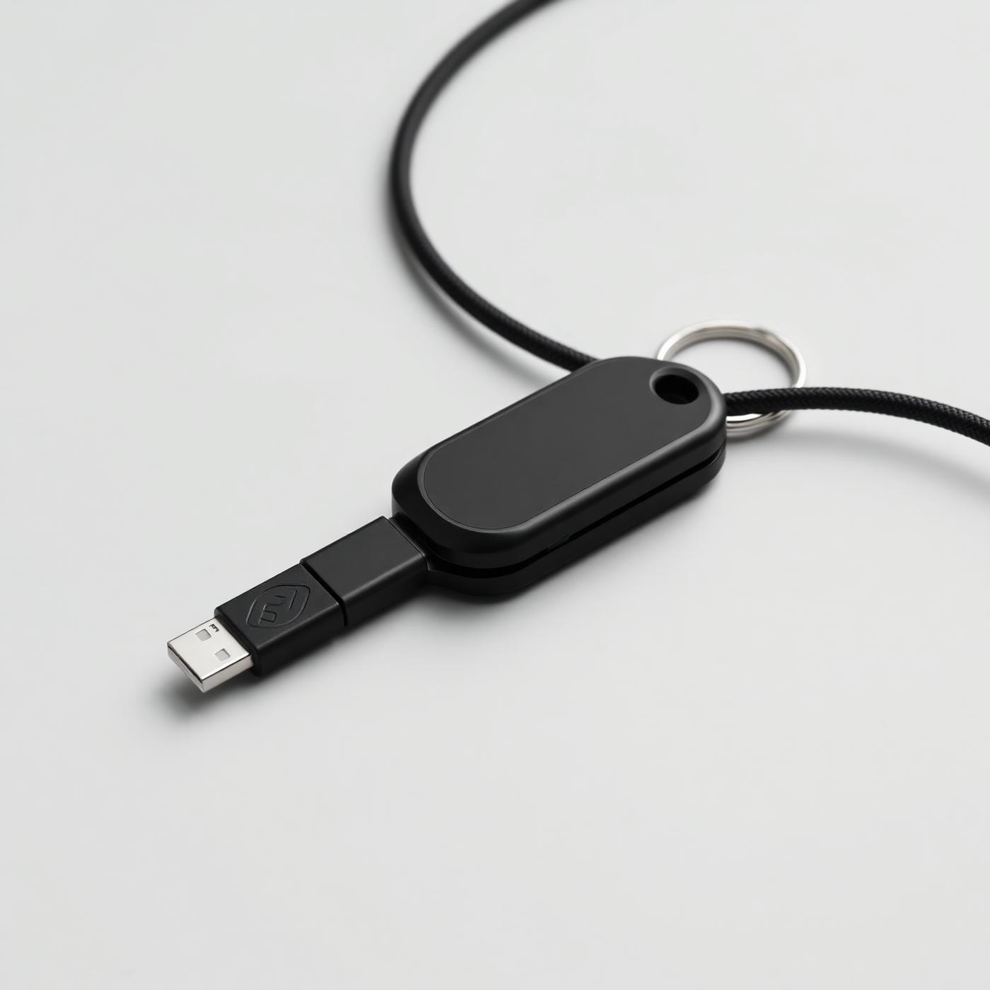 Llavero encendedor 3 en 1 con su cable de carga USB-C sobre fondo gris