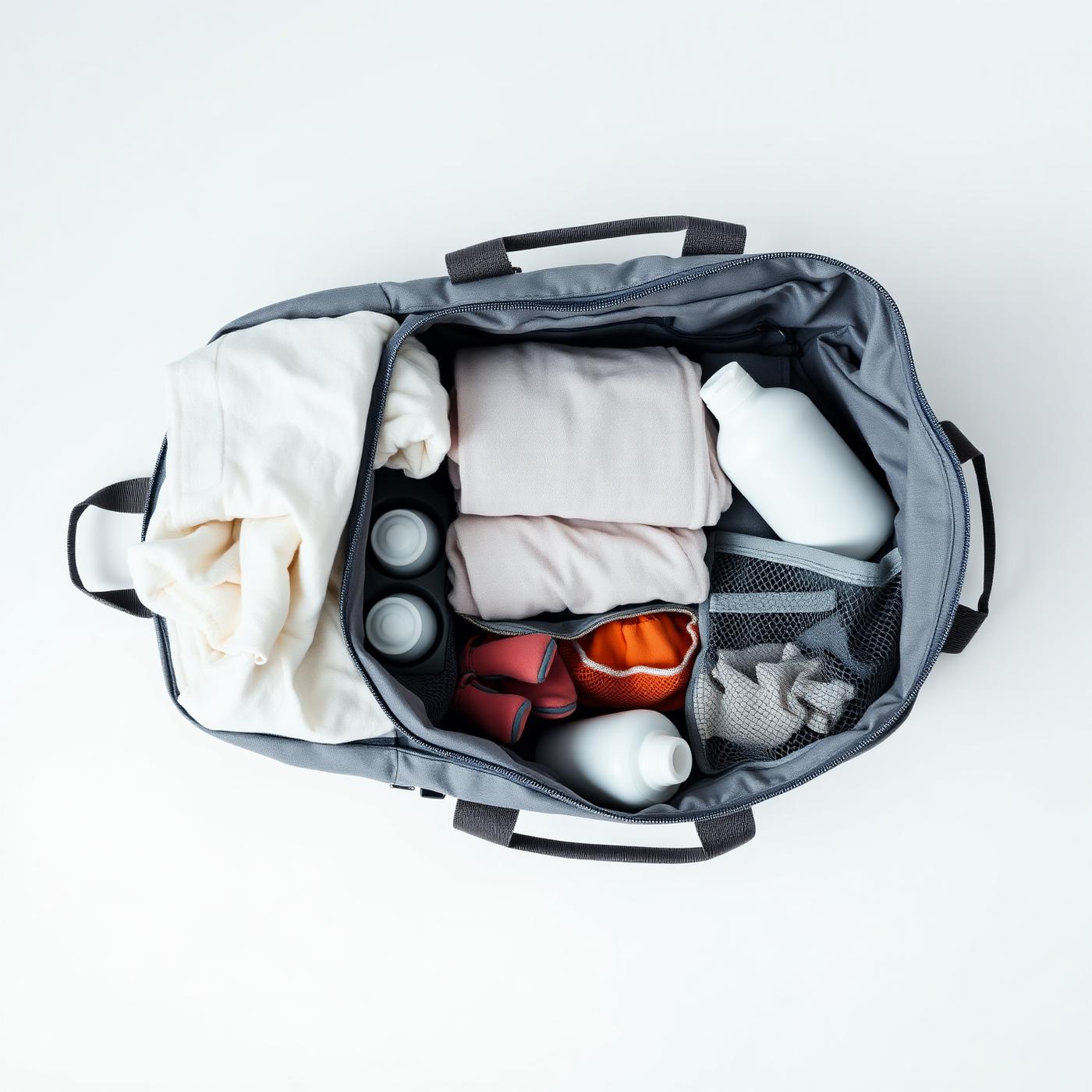 Interior organizado de la pañalera con compartimentos térmicos y ropa de bebé