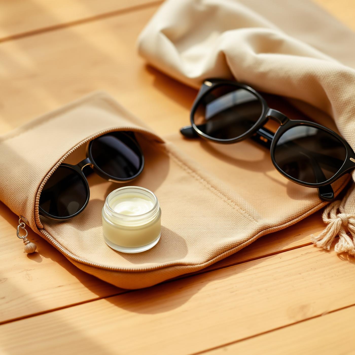 Bálsamo facial dentro de un neceser de viaje junto a gafas de sol
