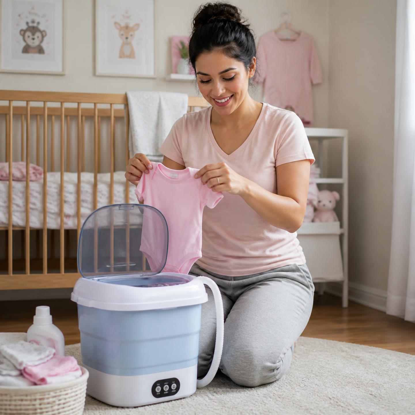 Mamá lavando ropa de bebé con la mini lavadora portátil