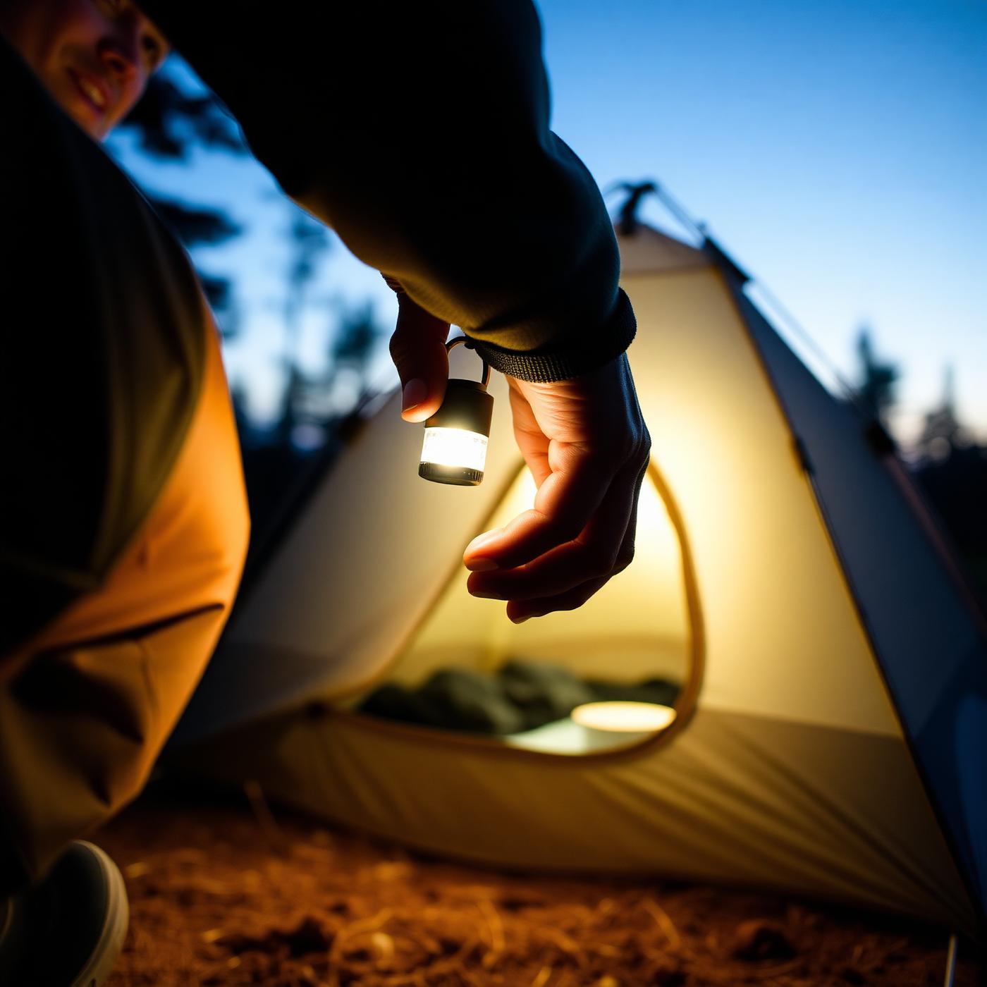 Luz LED del llavero encendedor iluminando una carpa de camping al anochecer