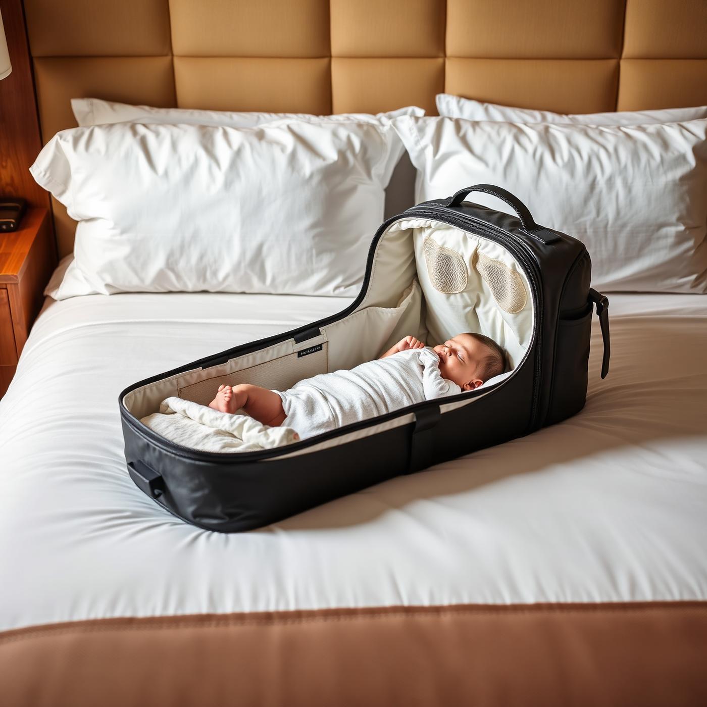 Pañalera convertida en cuna portátil con el bebé durmiendo sobre la cama