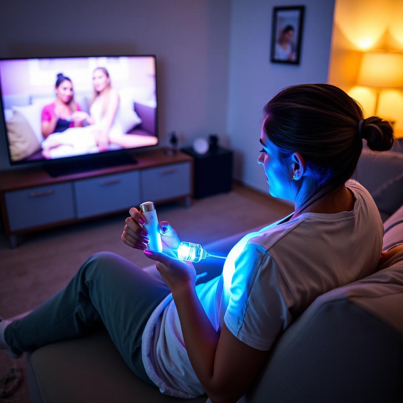 Persona usando el láser antihongos en casa mientras descansa en el sofá