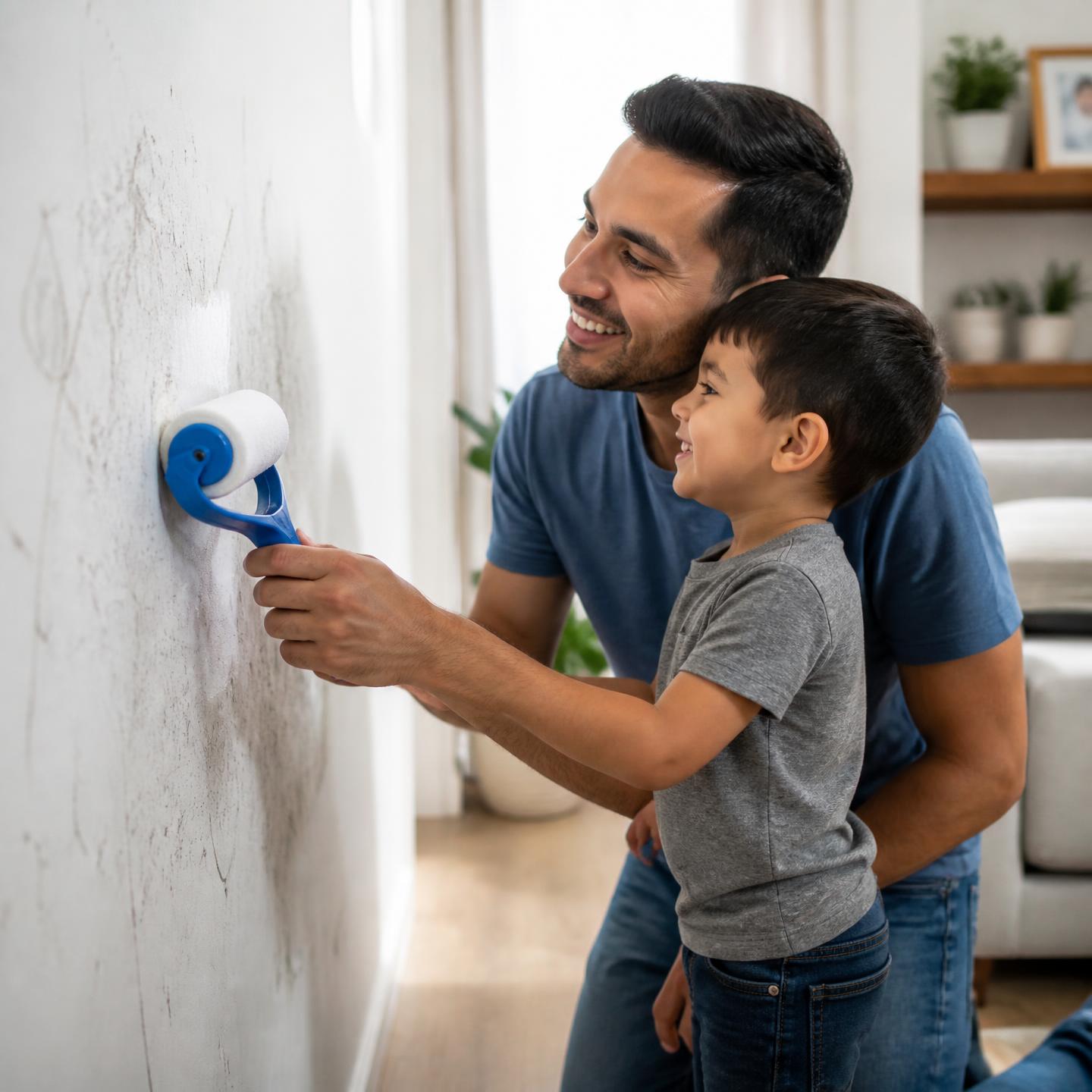 Papá e hijo limpiando juntos la pared con el rodillo mágico