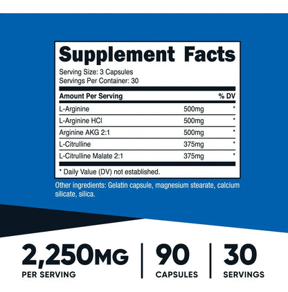 Tabla nutricional del suplemento: 90 cápsulas, 30 porciones, 2.250 mg por porción
